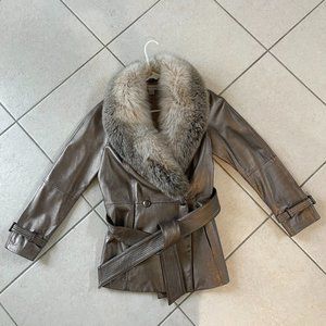Beautiful Taupe metallic leather & fur coat